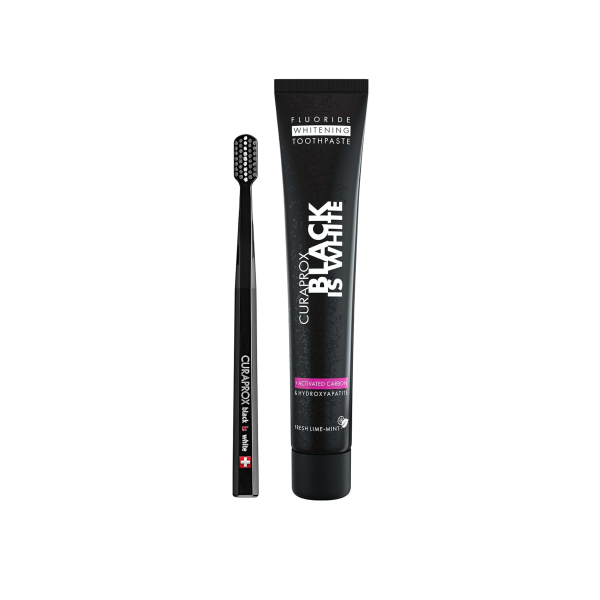 CURAPROX Black Is White Комплект четка за зъби и паста за зъби, 90 мл.