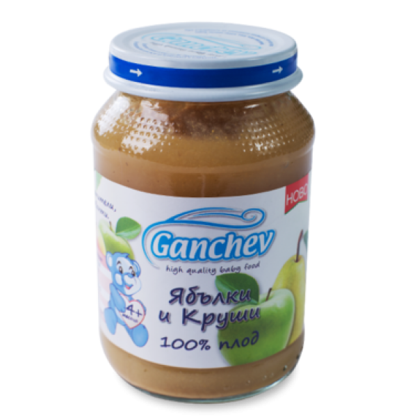 GANCHEV Бебешко плодово пюре 100% плод Ябълки и Круши 4+, 190г. GANCHEV Бебешко плодово пюре 100% плод Ябълки и Круши 4+, 190г.