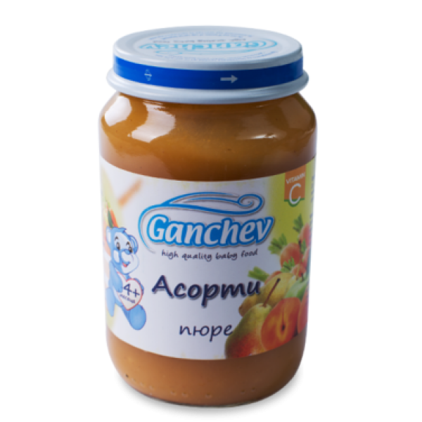 GANCHEV Бебешко плодово пюре Асорти 4+, 190г. GANCHEV Бебешко плодово пюре Асорти 4+, 190г.