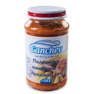 GANCHEV Бебешко месно пюре Пиле с макарони и доматен сос 12+, 220г.