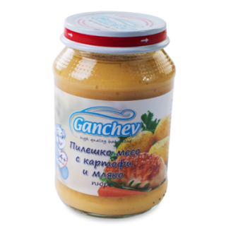GANCHEV Бебешко месно пюре Пилешко месо с картофи и мляко 4+, 190г.