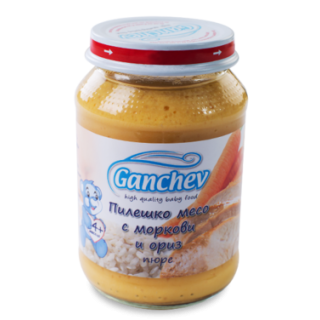 GANCHEV Бебешко месно пюре Пилешко месо с моркови и ориз 4+, 190г.
