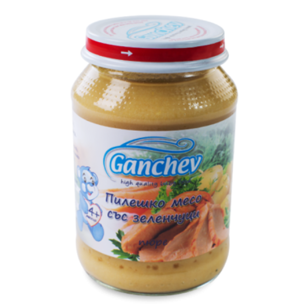 GANCHEV Бебешко месно пюре Пилешко месо със зеленчуци 4+, 190г. GANCHEV Бебешко месно пюре Пилешко месо със зеленчуци 4+, 190г.