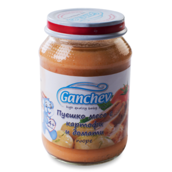 GANCHEV Бебешко месно пюре Пуешко месо с картофи и домати 4+. 190гр.