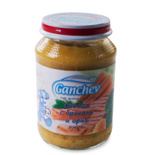 GANCHEV Бебешко месно пюре Сьомга с броколи и ориз 8+, 190г.