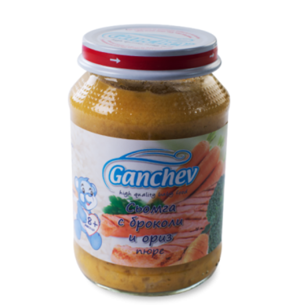 GANCHEV Бебешко месно пюре Сьомга с броколи и ориз 8+, 190г. GANCHEV Бебешко месно пюре Сьомга с броколи и ориз 8+, 190г.