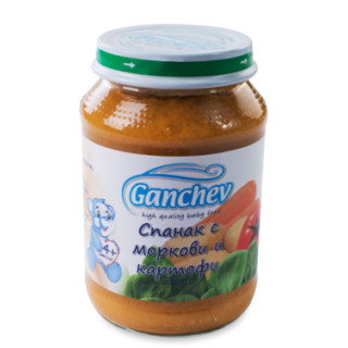 GANCHEV Бебешко зеленчуково пюре Спанак с моркови и картофи 4+, 190г.