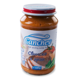 GANCHEV Бебешко месно пюре Свинско месо с грах 12+, 220г.