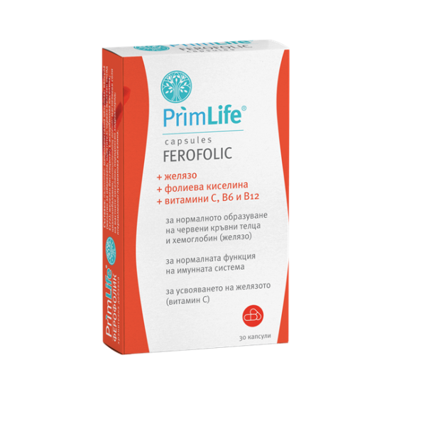 PRIMLIFE Ферофолик 500 мг, 30 капсули PRIMLIFE Ферофолик 500 мг, 30 капсули