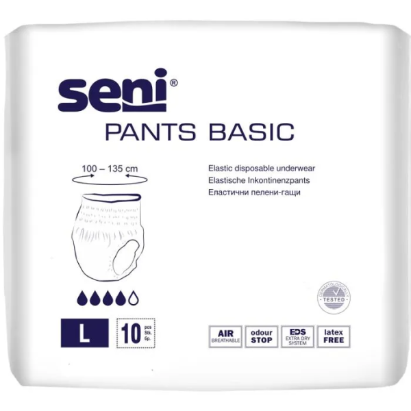 SENI PANTS BASIC Еластично абсорбиращо бельо M/L/XL размер, 10 бр. SENI PANTS BASIC Еластично абсорбиращо бельо M/L/XL размер, 10 бр.